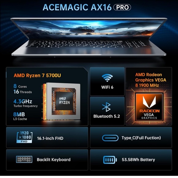 ACEMAGIC 16.1“ Laptop, AMD Ryzen 7 5700U(8C/16T, Beats i7-1265U) Gaming Laptop - Picture 2 of 4